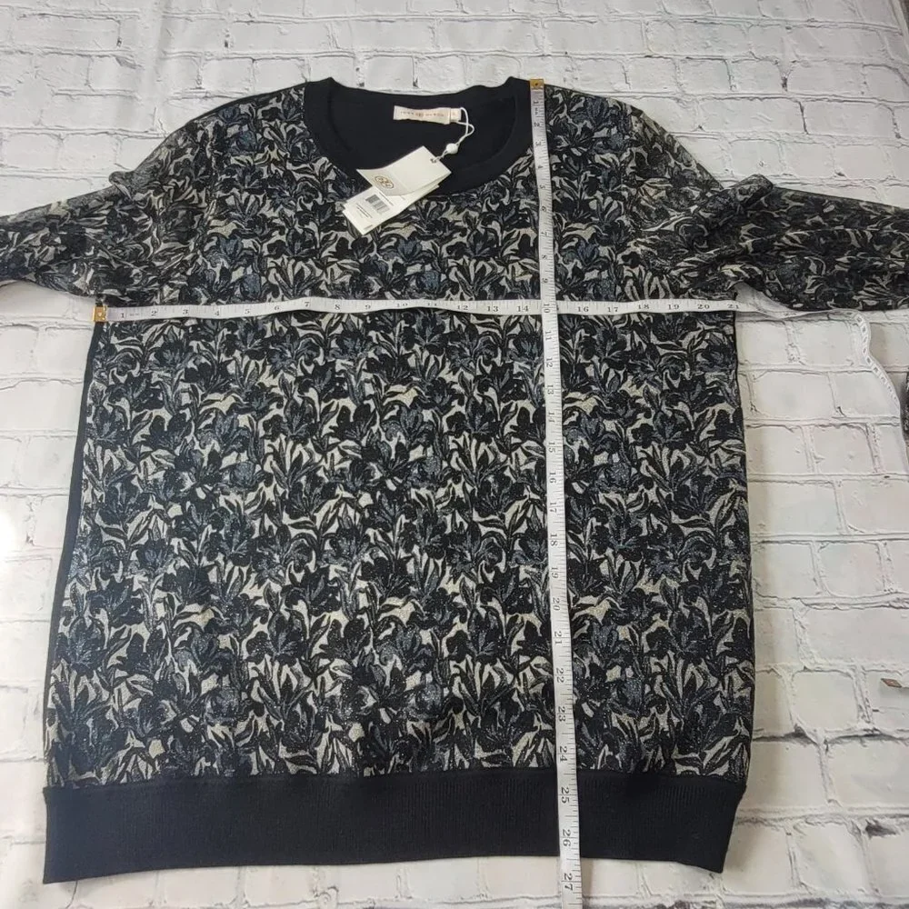 ✅ NWT Tory Burch black gold HONOUR METALLIC-PRINT JACQUARD & KNIT SWEATER XL
